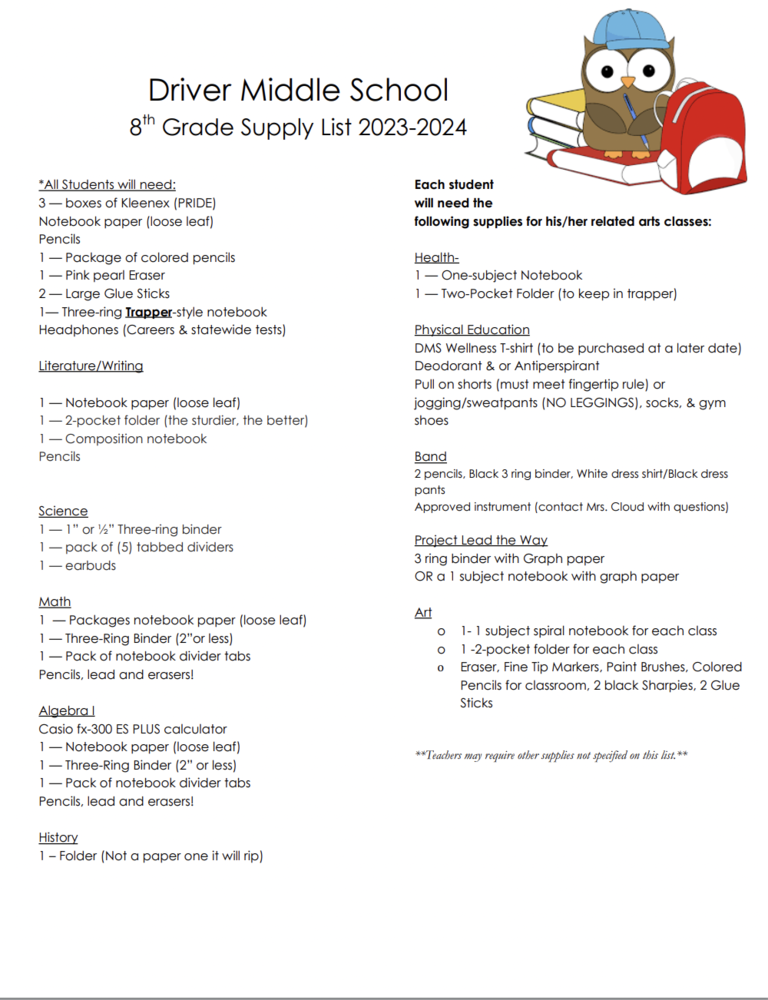 Supply list including items such as folders, pencils, paper, glue, binder, etc. 