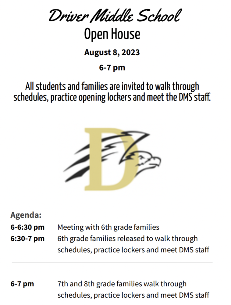 Driver Middle School Open House invitation, 8/8/23 from 6-7pm with 6th grade parent meeting at 6:30 pm. 