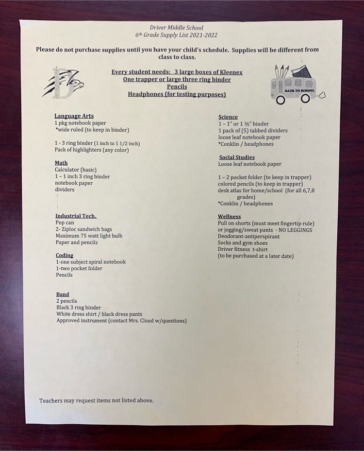 6th grade supply list
